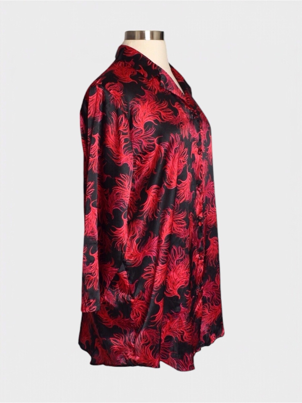 Cacique Satin Feather Print Button Front Sleep Shirt - Picture 2 of 5